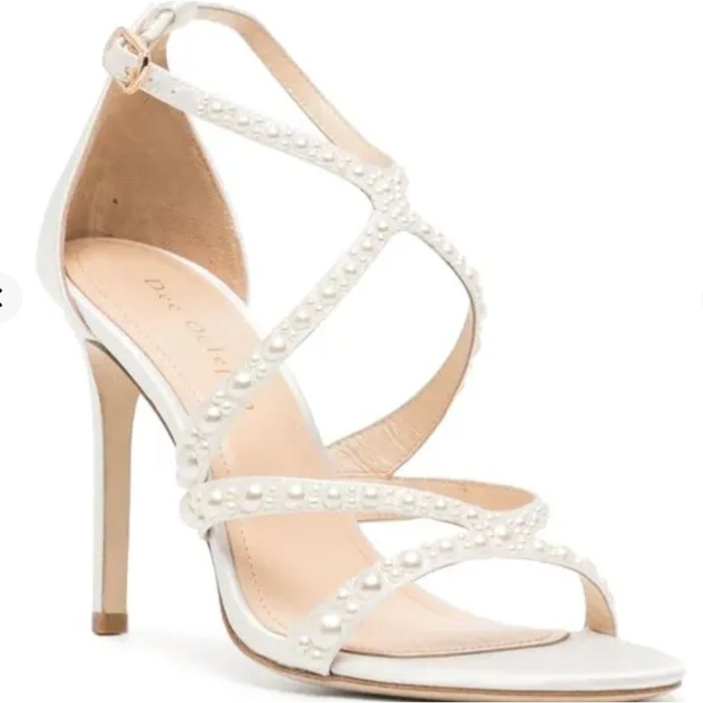 Dee Ocleppo Size 7.5 Ivory‎ Satin Pearl Strappy Stiletto Sandals Fiji Bridal